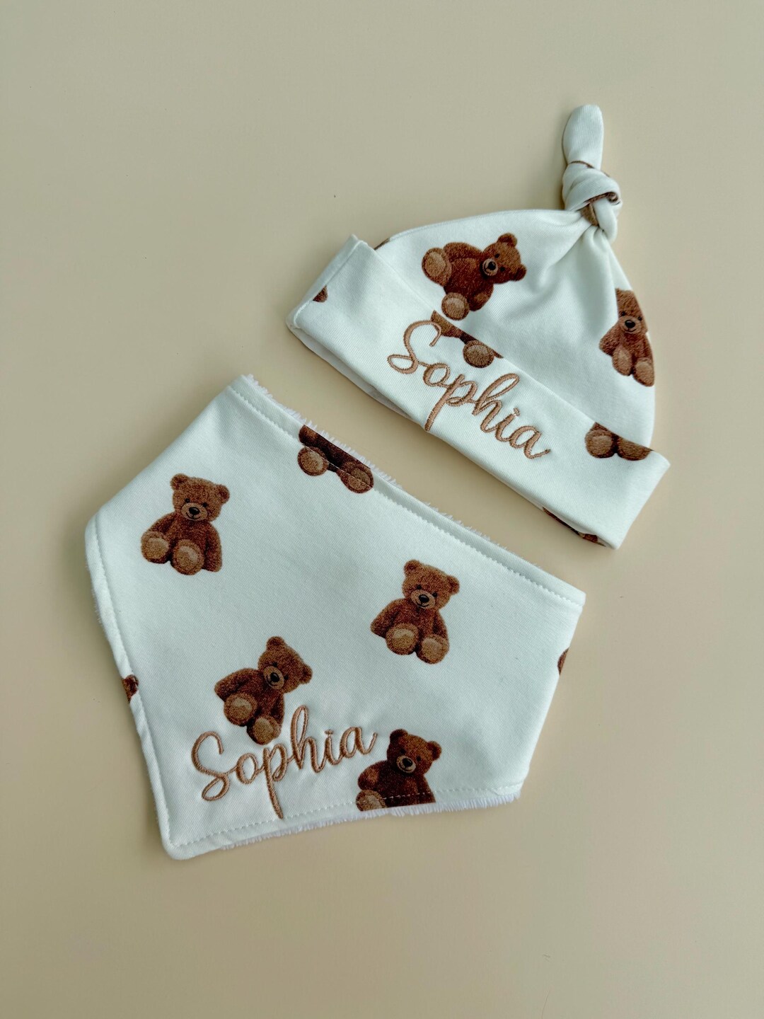 Personalised Teddy Bear Baby Gift Set | Organic Cotton Bamboo Bib & Hat ...
