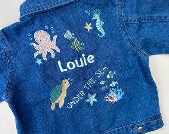 Embroidered Personalised Kids, Baby, Children's Denim Jacket, Custom Design, Ocean Theme Children’s Clothing, Under The Sea.