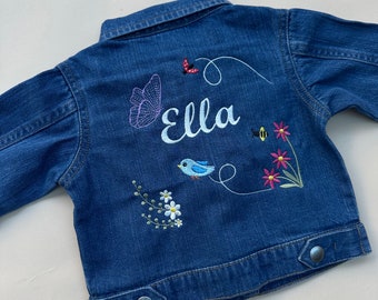 Embroidered Personalised Toddler Baby Children's Denim Jacket, Custom Design, Floral Theme Children’s Clothing, Organic Denim.