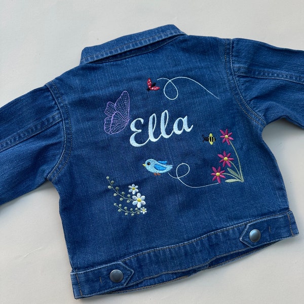 Embroidered Personalised Toddler Baby Children's Denim Jacket, Custom Design, Floral Theme Children’s Clothing, Organic Denim.