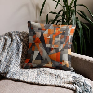 Orange & Grey Geometric Pillow Abstract Linen Cushion with Zipper image 10
