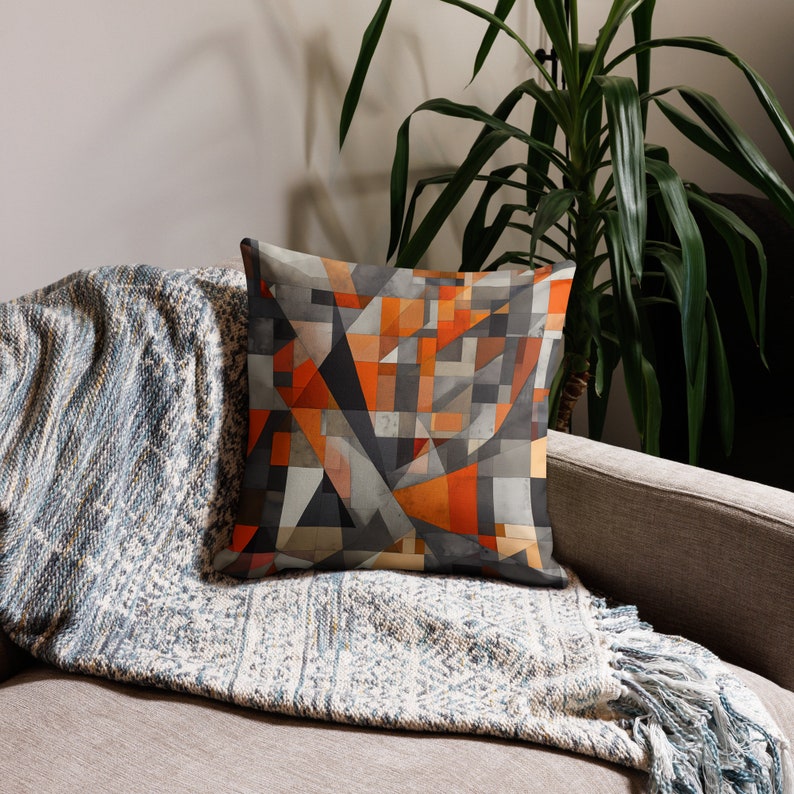 Orange & Grey Geometric Pillow Abstract Linen Cushion with Zipper image 9
