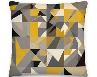 Yellow and Grey Geometric Pillow - Abstract Linen Cushion with Zipper