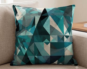 Teal and Black Faceted Cushion, Modern Geometric Throw Pillow