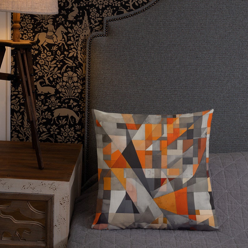 Orange and Grey Geometric Abstract Design - Premium Pillow