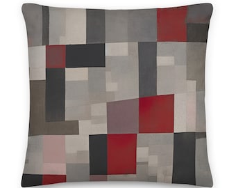 Grey and Red Geometric Cushion – Modern Abstract Throw Pillow for Stylish Homes