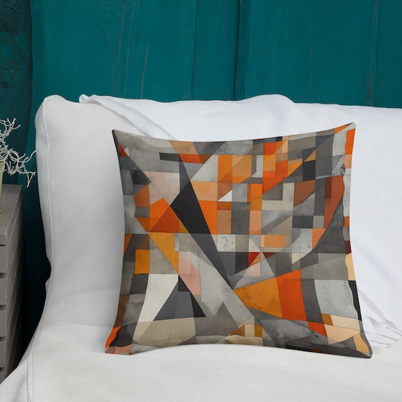 Bold Geometric Abstract Cushion – Striking Modern Art Pillow in Orange & Grey Tones