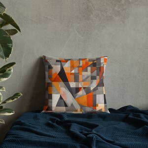 Orange and Grey Geometric Abstract Design - Premium Pillow