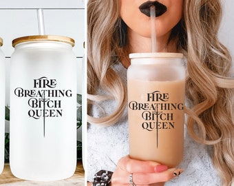 Assassin Fire Breathing Bitch Queen Warrior, Romance Fantasy 16oz Glass Tumbler Libbey Beer Can, Dragon Gift for Sister, Best Friend Gift