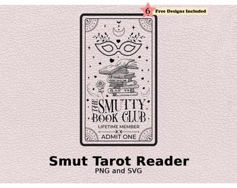 May include: A rectangular graphic design featuring a black line art illustration of a masquerade mask, a stack of books, and a rose. The text reads THE SMUTTY BOOK CLUB, LIFETIME MEMBER, and ADMIT ONE, with a small star icon labeled 6 Free Designs Included.