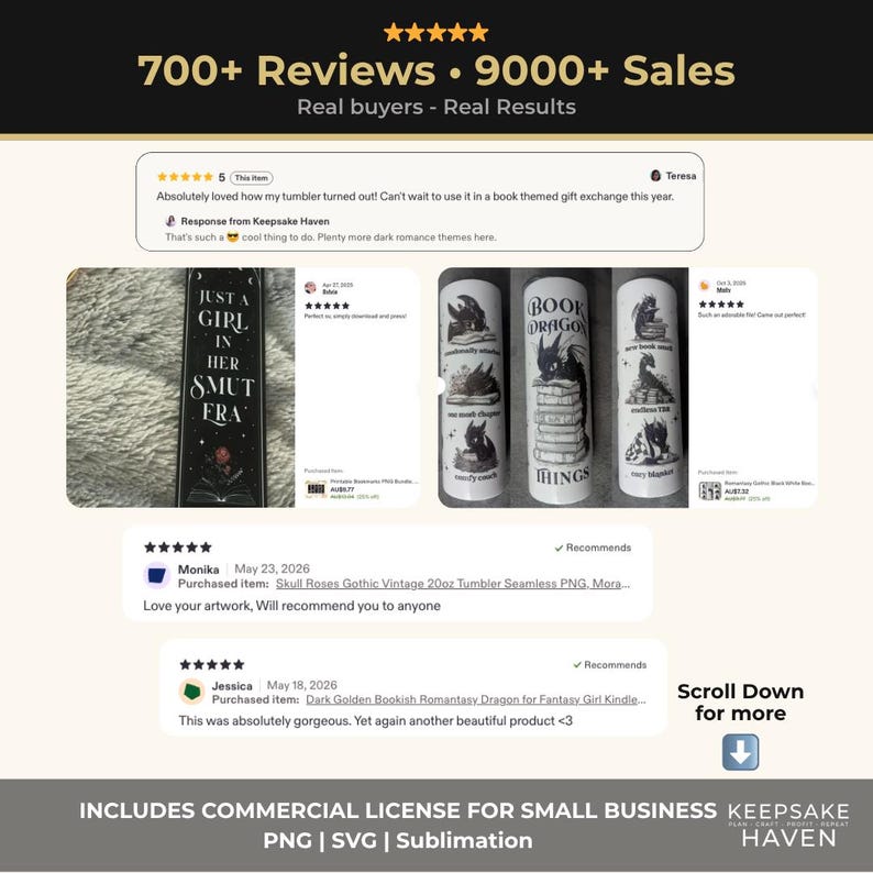 a collection of images related to a book titled "Book Dragon". The images include a book cover, a book tumbler, and a book-themed gift exchange. The image also includes commercial license information for small business owners.