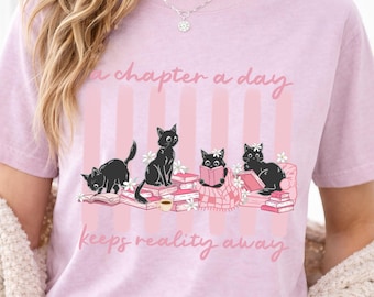 Bookish Black Cats Pink Stripes Chapter A Day, DTF Design or Sublimation Clipart PNG for Shirt, Printable Wall Art, Instant Digital Download