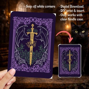 Purple Romantasy Bookish Sword Dragons Smut Fantasy, Kindle Insert Clear Case PNG, Paperwhite, Basic, Colorsoft Printable, Digital Download