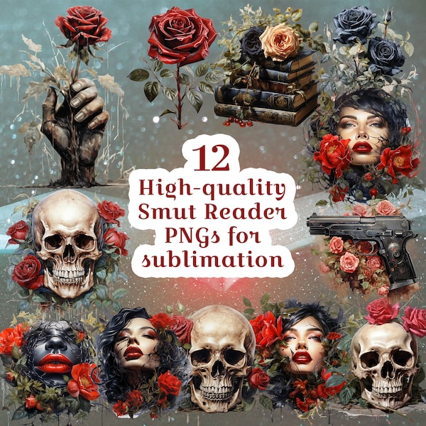 Cat Mouse Smut Reader PNG Bundle, Smutty Bookish, Dark Romance, Book Nerd Lover Skull Red Roses