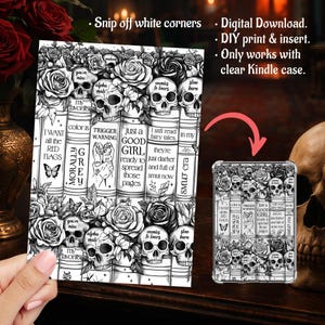 Funda transparente para Kindle PNG con diseño de lector de libros eróticos con páginas de calavera gótica, Paperwhite, Basic, Colorsoft, imprimible, descarga digital