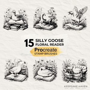 Silly Goose Reader Art Vintage Funny Goose Whimsical Farm Animal Procreate Brushes Stamps Brush Set Bundle, Tattoo Artwork, Digital Download