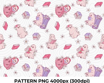 Bookish Ghost Ghosties Pastel Pink Purple Book Lover Readers Seamless Pattern PNG, Printable Wallpaper Fabric Scrapbooking, Digital Download