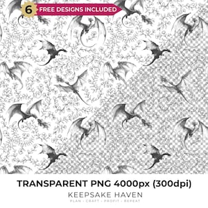 Pode incluir: Um padrão digital com desenhos de linhas em preto e branco de dragões e vinhas florais. O design inclui uma faixa com os dizeres 6 FREE DESIGNS INCLUDED e texto na parte inferior: TRANSPARENT PNG 4000px (300dpi) KEEPSAKE HAVEN PLAN CRAFT PROFIT REPEAT.