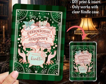 Witchy Celestial Emotional Support Tarot Green Plaid Kindle Insert Clear Case PNG, Paperwhite, Basic, Colorsoft Printable, Digital Download