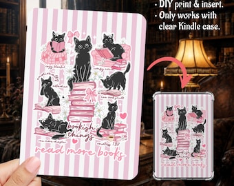 Bookish Black Cats Pastel Pink Stripes Kindle Insert Clear Case PNG, Paperwhite, Basic, Colorsoft Printable, Digital Download
