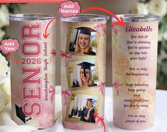 Senior High Graduation Photo Picture Tumbler 20oz Wrap PNG, Personalizable Golden Pink Coquette, Seamless Sublimation, Digital Download