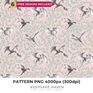 May include: A seamless digital pattern featuring grey dragons in flight amidst a background of light green vines and small pink flowers on a pale pink surface. The image includes text stating 6 FREE DESIGNS INCLUDED, PATTERN PNG 4000px (300dpi), and KEEPSAKE HAVEN PLAN CRAFT PROFIT REPEAT.
