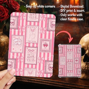 May include: A digital download insert for a clear Kindle case featuring a pink and white striped background with repeating postage stamp designs. The stamps display skulls, bows, hands, and text including "The Smutty Book Club" and "Smut Era".