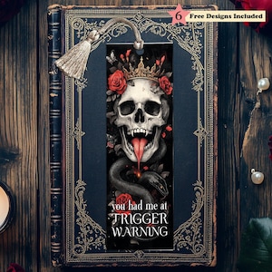 Calaveras, rosas, serpientes, gótico, vampiro, romance oscuro, PNG, marcapáginas imprimibles, marcapáginas literario, descarga digital, regalo DIY para el lector