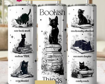 Mystical Cat Mom Tumbler PNG 20oz Bookish Feline Tumbler Full Wrap PNG, 20 oz Seamless Black White Sublimation Design, Digital Download