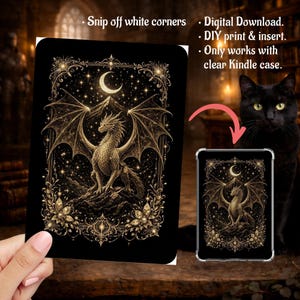 Fantasy Girl Era in Dark Golden Bookish Dragon Print, Kindle Insert Clear Case PNG, Paperwhite, Basic, Colorsoft Printable, Digital Download