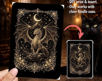 Fantasy Girl Era in Dark Golden Bookish Dragon Print, Kindle Insert Clear Case PNG, Paperwhite, Basic, Colorsoft Printable, Digital Download