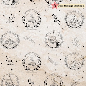May include: A digital pattern featuring repeating black line art illustrations on a beige textured background. Designs include mountains, open books with flowers, and hands holding teacups, all framed by laurel wreaths with stars and text.