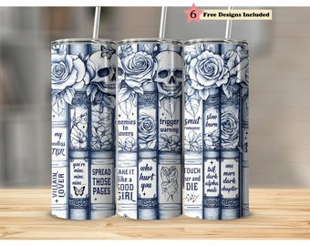 Dark Romance Skull Roses Vintage Blue Smut Book Tropes 20oz Tumbler Full Wrap PNG, Seamless Sublimation Design, Digital Download