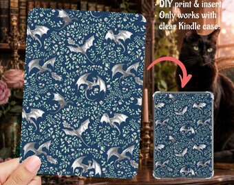 Romantasy Black Flying Dragons Blue Cottagecore Kindle Insert Clear Case PNG, Paperwhite, Basic, Colorsoft Printable, Digital Download