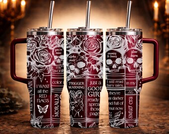 Bookish Skulls Roses SVG Witchy Gothic Dark Romance, Seamless Wrap Laser Engraved File, 40oz Tumbler with Handle, Digital Download