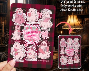 Bookish Ghost Ghosties Tropes Black Burgundy Plaid Kindle Insert Clear Case PNG, Paperwhite, Basic, Colorsoft Printable, Digital Download