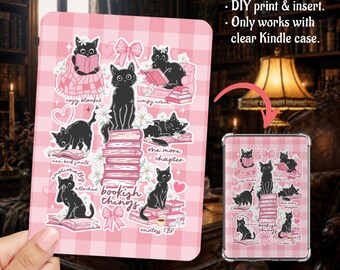 Bookish Black Cats Pink Hues Plaid Kindle Insert Clear Case PNG, Paperwhite, Basic, Colorsoft Printable, Digital Download