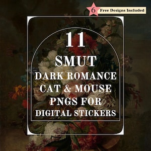 Paquete de citas literarias góticas de romance oscuro de gato y ratón (en formato PNG), pegatinas digitales para el planificador Goodnotes Notion y el lector de libros obscenos.