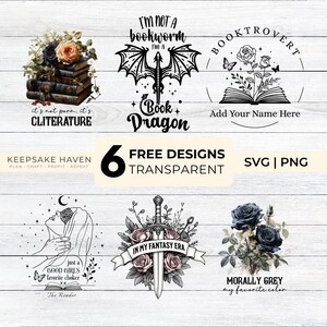 six different designs, including a book, a dragon, and various floral and fantasy-themed elements. The designs are presented in a collage format, with each design being a separate image. The text in the image is not too long, and it focuses on the individual designs rather than describing each one individually.