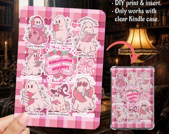 Bookish Ghost Ghosties Tropes Pink Hues Checkered Kindle Insert Clear Case PNG, Paperwhite, Basic, Colorsoft Printable, Digital Download
