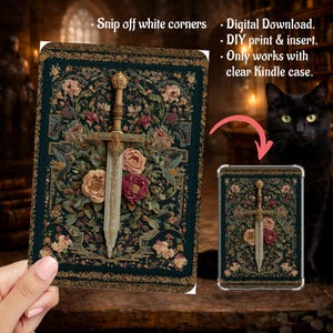 Fantasy Readers Tapestry Faux Yarn Embroidery Sword, Kindle Insert Clear Case PNG, Paperwhite, Basic, Colorsoft Printable, Digital Download