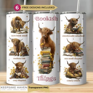 Highland Cow Book Lover PNG, Farm Animal Reader Wrap 20oz Tumbler Full Wrap PNG, 20 oz Seamless Sublimation Design, Instant Digital Download