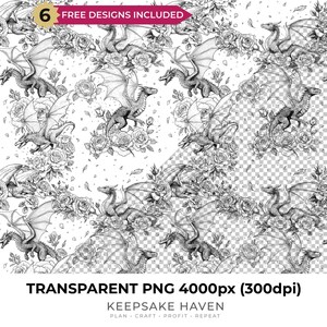 Chinoiserie Black Toile Decor Dragon Seamless Pattern Transparent PNG Printable Paper Print Scrapbooking Wallpaper Fabric Digital Download