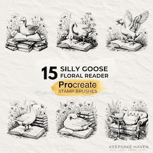 Puede incluir: Ilustraciones caprichosas en blanco y negro de gansos con libros y flores. El texto "15 Silly Goose Floral Reader Procreate Stamp Brushes" se muestra en el centro. Ideal para proyectos creativos.