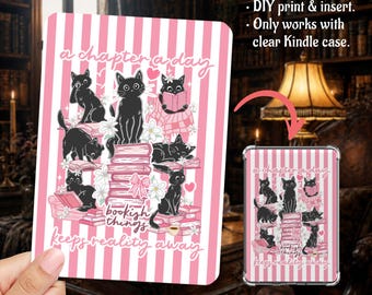Bookish Black Cats Blush Pink Stripes Kindle Insert Clear Case PNG, Paperwhite, Basic, Colorsoft Printable, Digital Download