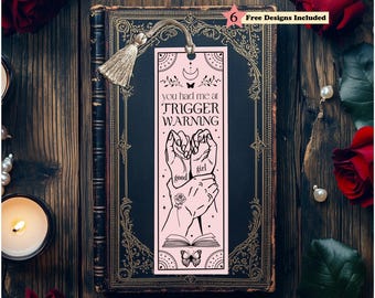 Marque-page charbon Dark Romance déclencheur avertissement Witchy Boho noir rose PNG, signets imprimables, amoureux des livres, téléchargement numérique, cadeau pour lecteur