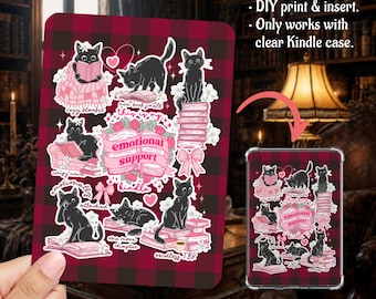 Bookish Black Cats Burgundy Plaid Kindle Insert Clear Case PNG, Paperwhite, Basic, Colorsoft Printable, Digital Download