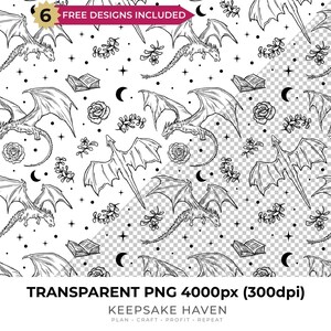 Bookish Flying Dragon Transparent Fantasy Vibe Seamless Digital Pattern Paper Print for Scrapbooking Wallpaper Fabric, Digital File Download