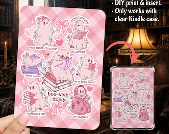 Ghosties Pink Hues Plaid Kindle Insert Clear Case PNG, Paperwhite, Basic, Colorsoft Printable, Digital Download