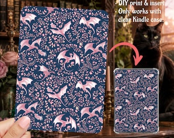 Romantasy Pink Dragons Blue Background Kindle Insert Clear Case PNG, Paperwhite, Basic, Colorsoft Printable, Digital Download